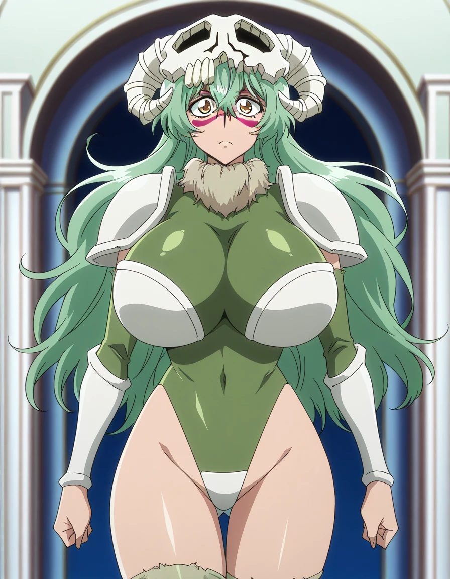 Code Geass, C.C, 1girl, (((bimbo))), Long green hair, yellow eyes, puffy lips, painted lips, thick lips, wide hips, thick thighs, big breasts, huge ass, revealing cleavage, erotic, erotic face, bubble butt, camel toe, Breasts, white suit, posing, revealing cleavage,