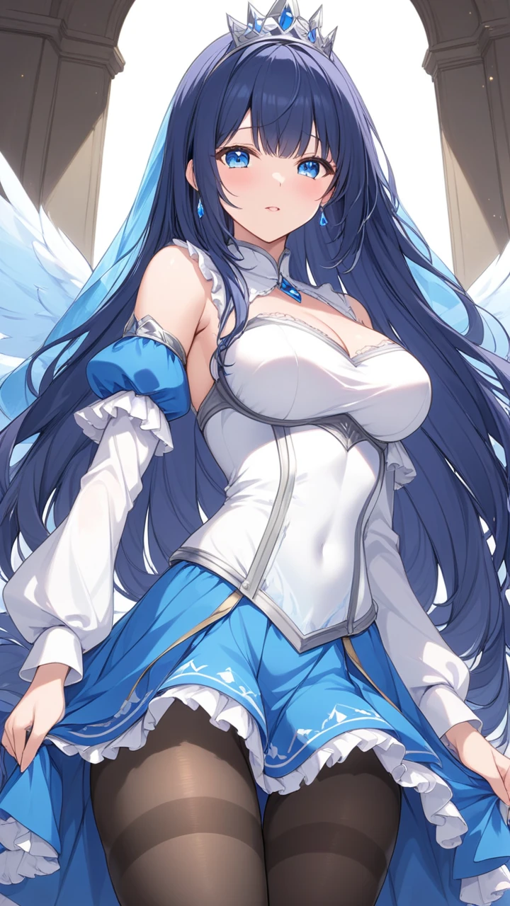 Erotic　Sagasawa Fumika　White headband White stole　Tall, big-breasted adult wife　Light blue sequins rubber suit, black background, hearts, bedroom, dark theme, evil, temptation, excitement, condescending smile, sexy pose, upper body emphasis, angle from below, angel wings, angel