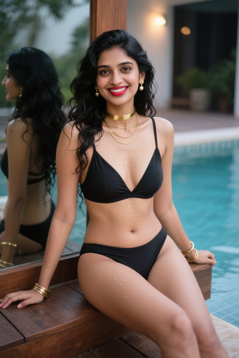((best quality, 8 thousand, masterpiece:1.3)), 28 year old Indian princess, Gold necklace, earring, good eyes, Twinkle Pool, black skin, laugh, h cup saggy breasts, golden underwear, Wet breasts, in ancient architecture, wide pelvis, i have belly fat, Hard thighs, long brown hair, hands back, stand, inexpressive , head 45 degrees, a little belly fat