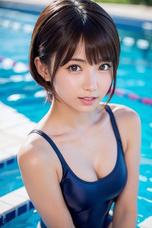 Tabletop、highest quality、shape、Very detailed、High resolution、8k wallpaper、Perfect dynamic composition、Beautiful and exquisite idium hair、Natural color lip, random Sexy poses,Sensual look、25-year-old woman、cute、(highest quality:1.3)、(masterpiece:1.3)、(The Very detailed:1.3)、(wall-, One Girl:1.1)、(Delicate hands and fingers:1.2)、(detailed、Oily and shiny skin:1.1)、Oiled thighs in beautiful swimsuit:1.4)、Plump body、Brown hair head、(Beautiful big breasts:1.ending、Beautiful sister、Sexy pose、swimming pool、Audience seats、back shape