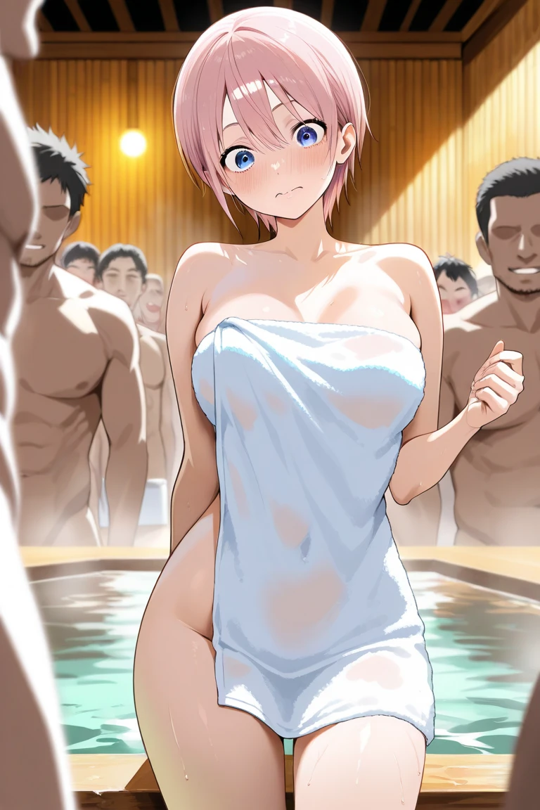 crowded gym shower with spraying showers and showering men in background. NSFW, a little girl small chest, naked, flat chest, only wear a small seashell to cover her , she is only girl with many men surrounding, The men around looked at the girl, the men behind the girl were harassing the girl, there no any girl surround except protagonist