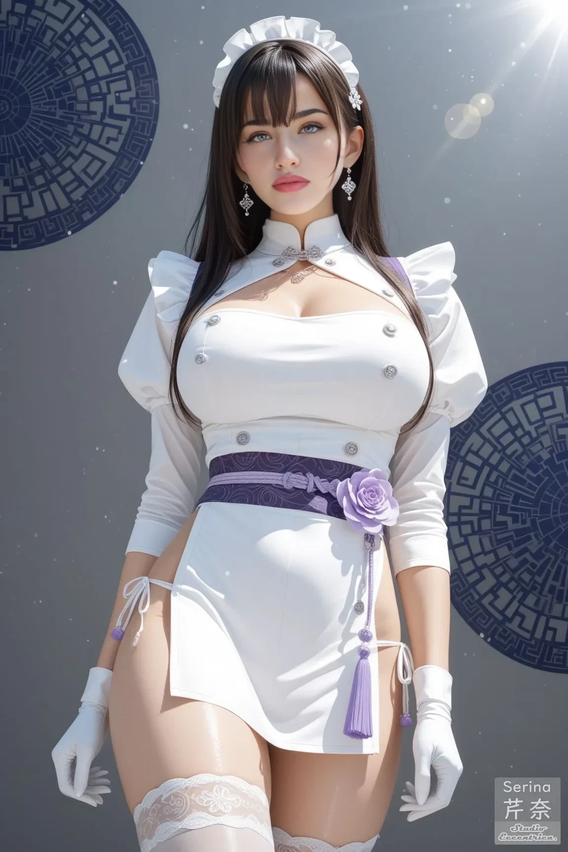 1girl,large breasts, long hair,solo,ahqipao,wariza,blush,red hair,see-through,outdoors,cityscape, street,  <lora:AzureHorizonsV1[ahqipao]:1>,half gloves, white thighhighs,, masterpiece, best quality,incredibly absurdres, 1girl,