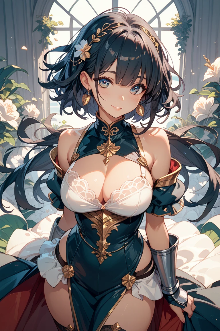 巨作, Best Quality,, Sakura Bakushen (Omamusumi),, (Close -up:1.2), Rain, cloud, cloudy, shadow,, serious, arms up, armpits, closed mouth, mouth hold,, Epaulet, black gloves, sleeveless, Yellow handkerchief, shirt, tying hair,