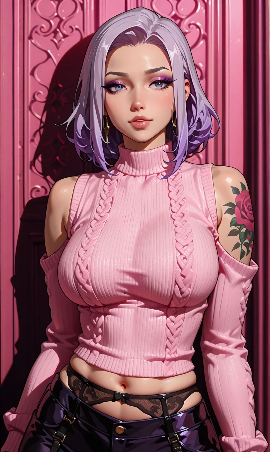 ((Night, Realistic Light, Best Quality, 8K, Masterpiece: 1.3)), 1girl, Slim Beauty: 1.4, Abs: 1.1, (Pink hair, Medium breasts: 1.3), Long pink sweater: 1.1, Bathroom, Super fine face, Delicate green  eyes, Double eyelids, smile, necklace