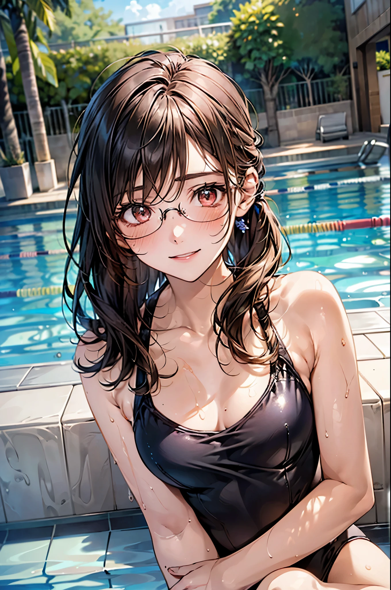 High resolution, high quality, One girl, Anime Girls, Brown long hair, Brown eyes, Pink Glasses,heart shaped pupils,Sunburned skin, Large Breasts,beautiful breasts,pointy breasts,(Big Ass),beautiful ass,Embarrassed,Tank Top,swimsuit,Back Pose,lower body,sweat,wet,swimming,(open legs),arms behind head,at Poolside,(Kiwi juice),(lemon juice),(orange juice),(Pineapple juice),(Mango juice),(water),