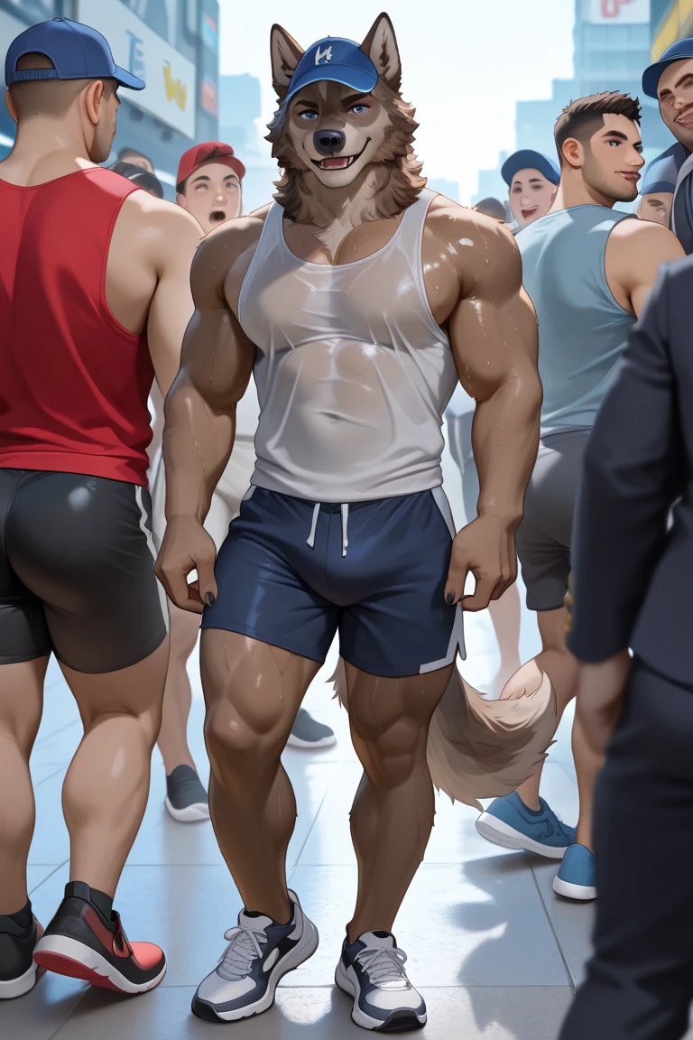 best quality, masterpiece, amazing details, (handsome muscular man with curly brown hair), exaggerated tiny waist, oversized white crop top tshirt with grindr logo print, tiny booty short, bulge, penis outline, rollerblading fast on sidewalk, zooming towards camera, in a crowded park, perfect fingers, no watermark, no logo, no signature