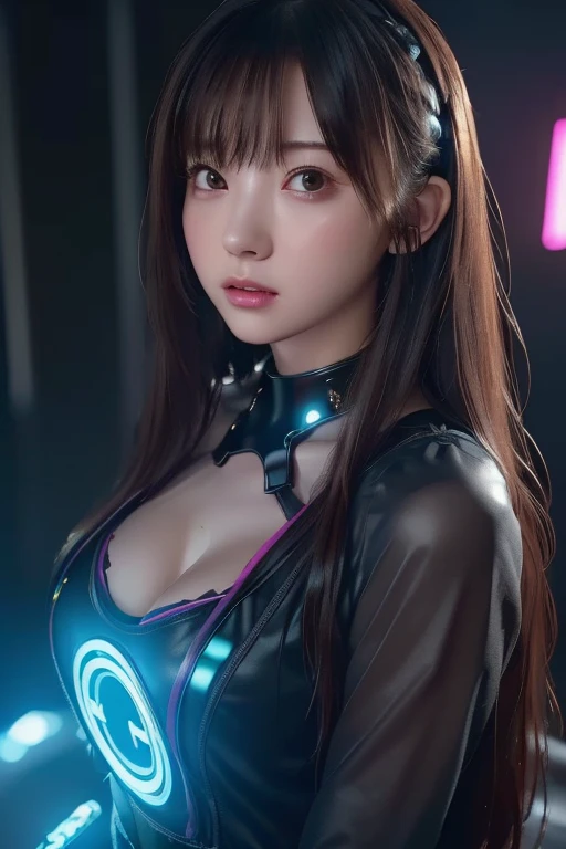 bokeh, masterpiece, analog photo, RAW, beautiful high school girl, Light brown long hair, Light brown beautiful eyes, Blushed face, (Japanese idol:1.5), Plump breast, (cyberpunk:1.5), Looking at the viewer, cowboy shot, LED lighting cybercity,