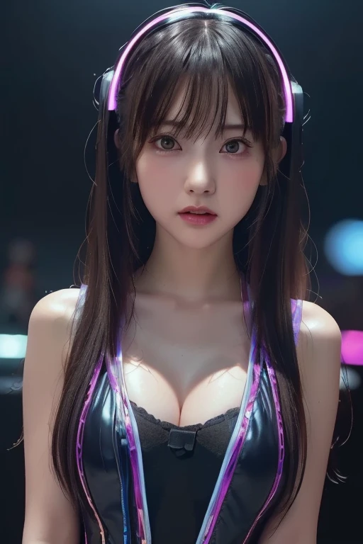 highest quality、masterpiece、Ultra-high resolution、(Photorealistic:1.4)、RAW Photos、(A girl tied to a machine)、13 years、Shiny platinum hair、Embarrassed look、Glowing Skin、((Ultra-Realistic Details))、Portraiture、Global Illumination、Shadow、Octane Rendering、8k、Ultra Sharp、Big Breasts、Cleavage、(Exposed bare skin underbust:1.4)、(White latex micro bikini without strings:1.4)、Upper arm chain、Very intricate detail、Realistic Light、Trends of the CG Association、Purple eyes、Shining Eyes、To the camera、Neon Details、Sit on、Futuristic hair accessories、Gundam、Small LED Lamp、Purple neon lighting、Green neon lighting、, Showing your underarm hair, hard nipples erect:1.4, nipples pointing up:1.4, headset,