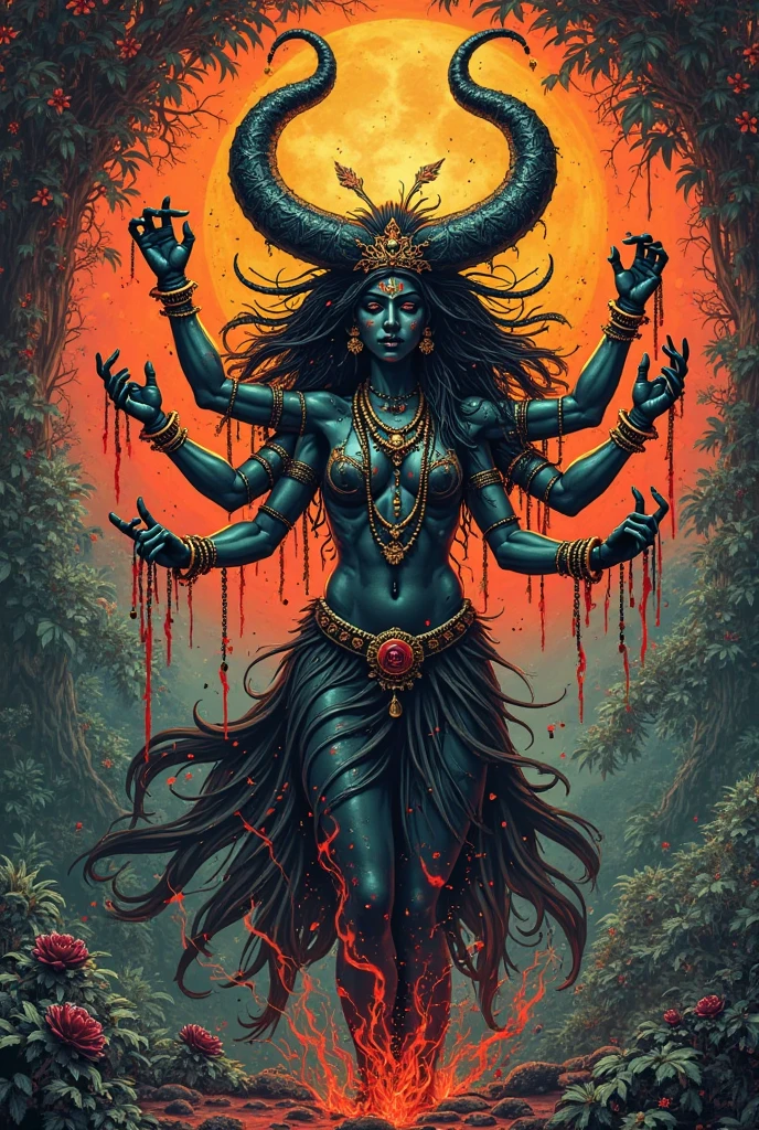 painting of a sophisticated beautiful goddess Kali with (((blue skin))) and (((six arms))), dancing in fire, necklace of skulls, long hair, hands in blood, long sharp nails, in full growth, background of the horned moon, (((dynamic model pose))), starry sky, dark heavy clouds, soft lighting, dark atmosphere, cinematic scene, volumetric lights, ultra realistic, in the style of nicola samori