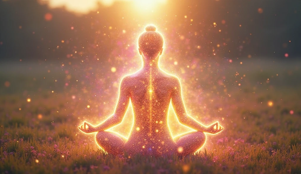 A balanced image of a man sitting in meditation, with his body appearing transparent like glass and sparkling with diamond-like brilliance. His form is luminous, radiating a soft, bright light. Above his head, a glowing diamond-shaped light shines intensely, surrounded by shimmering diamond dust. White energy lines radiate from the top of his head, symbolizing enlightenment and spiritual power. The overall composition is symmetrical, creating a sense of calm and harmony. The image is bright, with a soothing and peaceful atmosphere, emphasizing tranquility and inner peace.