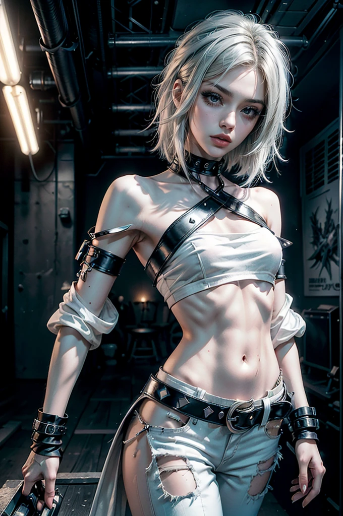Busty goth girl with pale skin and ripped abs with dreadlocks and tattoos