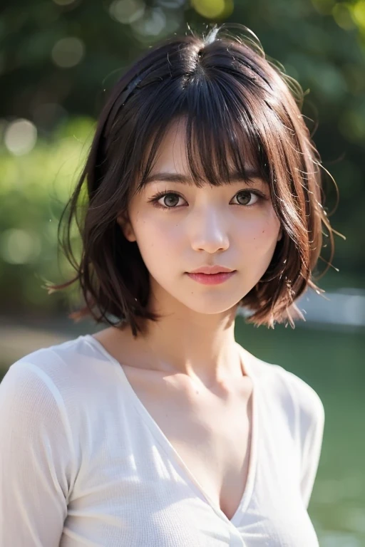 ​masterpiece、The highest image quality、hightquality、Beautuful Women、japanes、Popular Korean Makeup、detaileds、detailedsな目、detailedsな皮膚、Beautiful skins、超hight resolution、(现实:1.4)、very extremely beautiful、Slightly younger face、Beautiful skins、thin-waist、(A hyper-realistic)、(illustratio)、(hight resolution)、(8K)、(非常にdetaileds)(The best illustrationeautifully detailed eyes)、(超detaileds)、(wall-)、(detaileds顔)、ビューアのdetailedsを見る、 detailedsな顔、pureerosfaceace_v1、A smile、Looking straight ahead、photos realistic、Colorful hair color、(((very_Short_hair)))、((Background with:natural)),A slight smil,white  clothes