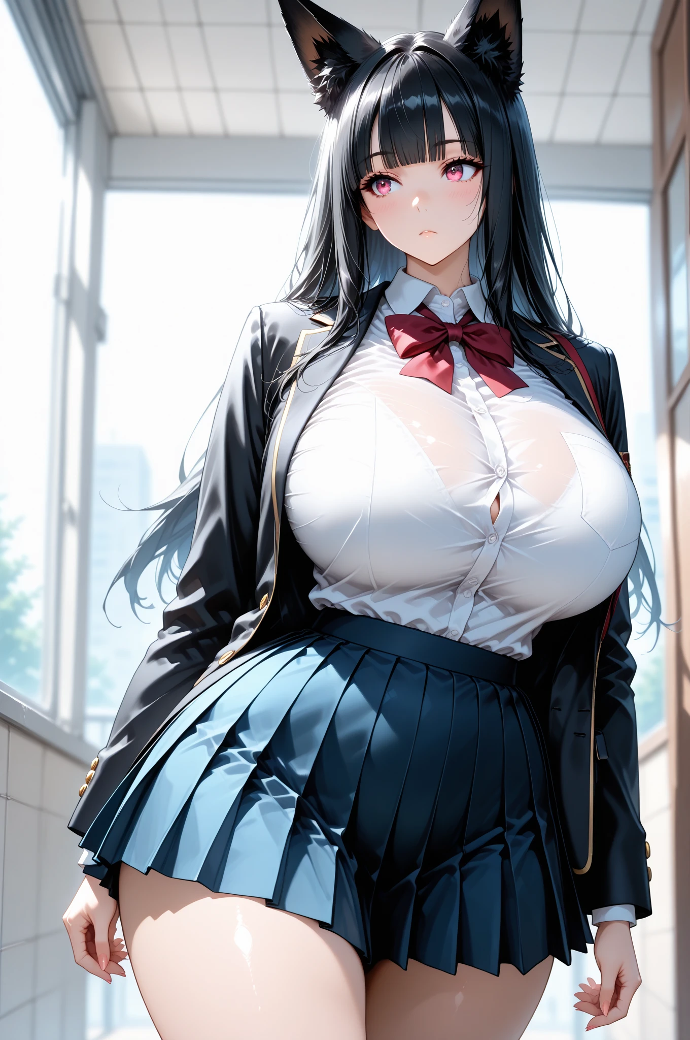masterpiece, best quality,Extreme Detail, Super detailed,
beautiful eyes, beautiful hair, Beautiful side, beautiful skin,dutch angle, black hair, red eyes, Long Hair V Big Breasts, school uniform, open clothes, Spread your legs towards the viewer, , lie, pov bed, blush, gentle