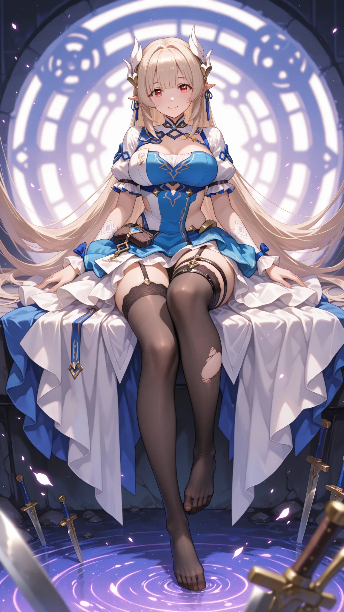(white hair ),白色long hair,close up,dream world,Elf mature, 银白色long hair,long hair,tear nevus,earrings,(red lips,earrings),necklace,a pair of bracelets,Sling blue hip skirt,humanoid, paris bar background, her skin  white, fair complexion,blue eyes,白色long hair, Two long black stocking legs,High heel,black legs,,tattoo