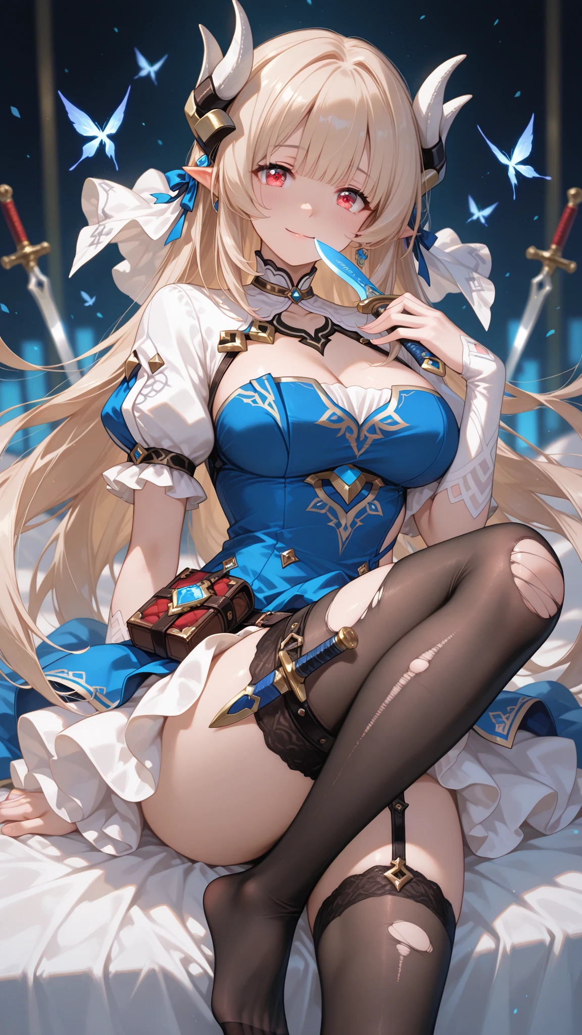 Texture CG,((Ultra Detail Art)),((master piece)),(extremely details CG),1girl,solo,ragnarokarch,(nsfw:1.1),(open legs with standing pose),gal,gyaru,beautiful breasts,slim body,slim legs,collarbones,slim and smooth lines,slim waist,small butt,(nipple erection:1.3),(pussy focus:1.0),(cowboy shot:1.0),(wind lift:1.0),heart maebari,Sheer thin maebari,narrow maebari,pussy peek,maebari wedgie vulva,(clitoris slip,huge erection clitoris),(((White Puff Sleeves))),white thigh thighs,Gold Sash,White blue dress from neck to chest,cleavage deep cutout,Long blue skirt with high slit,above knee length pelvic curtain,Blue Wide Sleeve,Blue Dress narrow Front,long hair,golden blonde hair,Curve,Beautiful detailed eyes ,gleaming skin,open mouth,smile,outsides,clear sky,in summer,windy,garden,