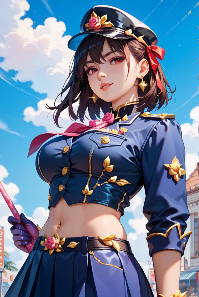 Chun li, Street Fighter, 8k, obra-prima, qualidade bset, grande, (1 menina), cabelo longo, profesional lighting, (pele brilhante: 1.2), grande brilhante, ((melhor qualidade)), foco nítido: 1.2, rosto altamente detalhado e textura da pele, olhos detalhados, olhos perfeitos, rosto perfeito, corpo perfeito, art blur, cg, fundo, seios grandes, Presence (20yo, maduro fresco e bonito rosto), vestindo ((Black skirt suspension), luvas de cotovelo roxas, camisa branca tensa, coxa, regata branca), blush, (mittgal), randome pose, vista superior, artgerm art.
