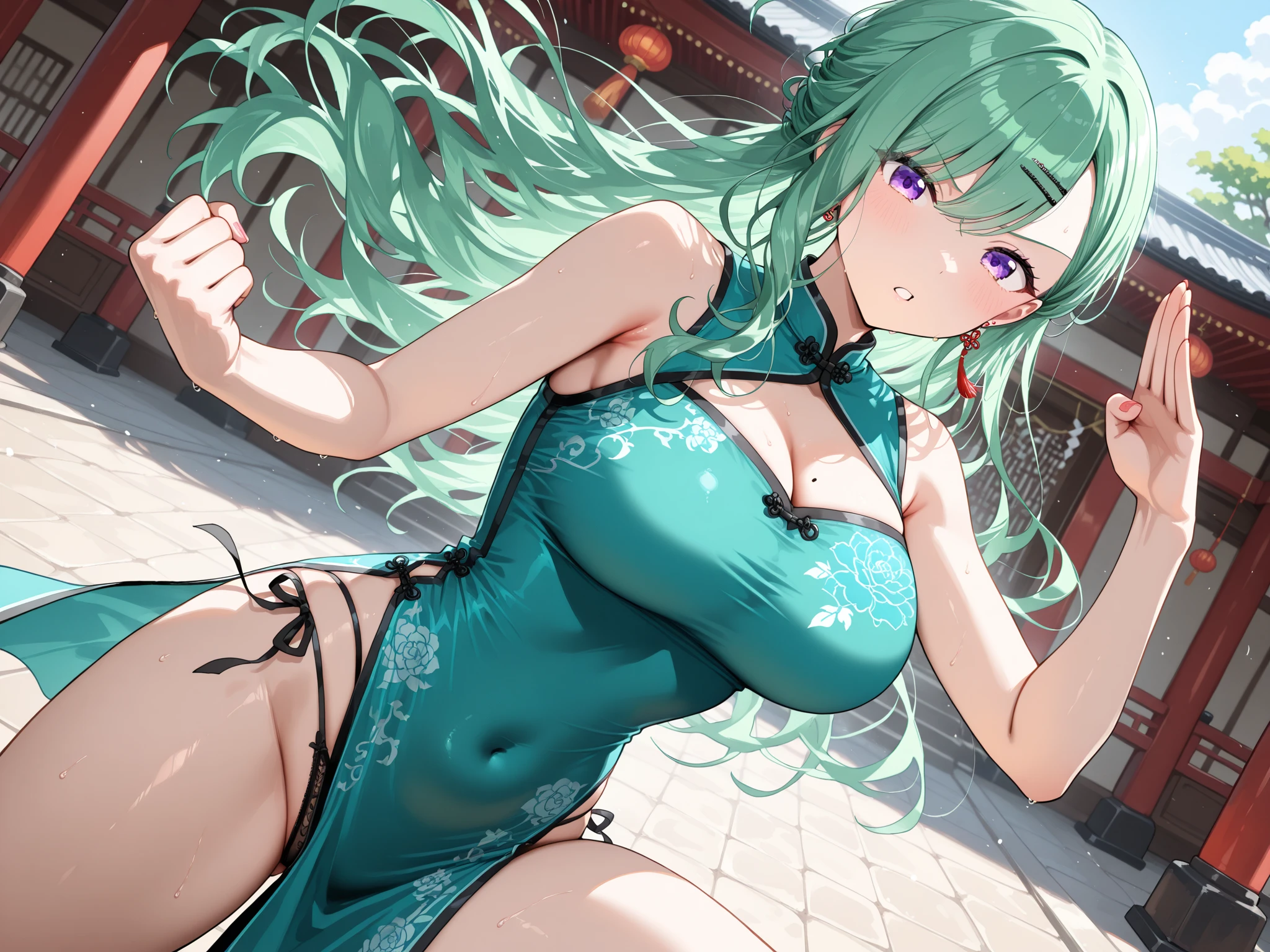 realistic image, detailed image, coherent image, 1 beautiful girl, she has very long hair, light blue hair, red eyes, smiling expression. She is wearing an off-the-shoulder t-shirt, showing her navel, a pleated miniskirt, She has a curvy body, large breasts and thick thighs, She is posing sensually with her arms holding a katana, arching her back, medieval setting, surrounded by trees, surrounded by flowers, Soft focus, full body view, Dramatic shadows, Volumetric lighting, natural lighting,