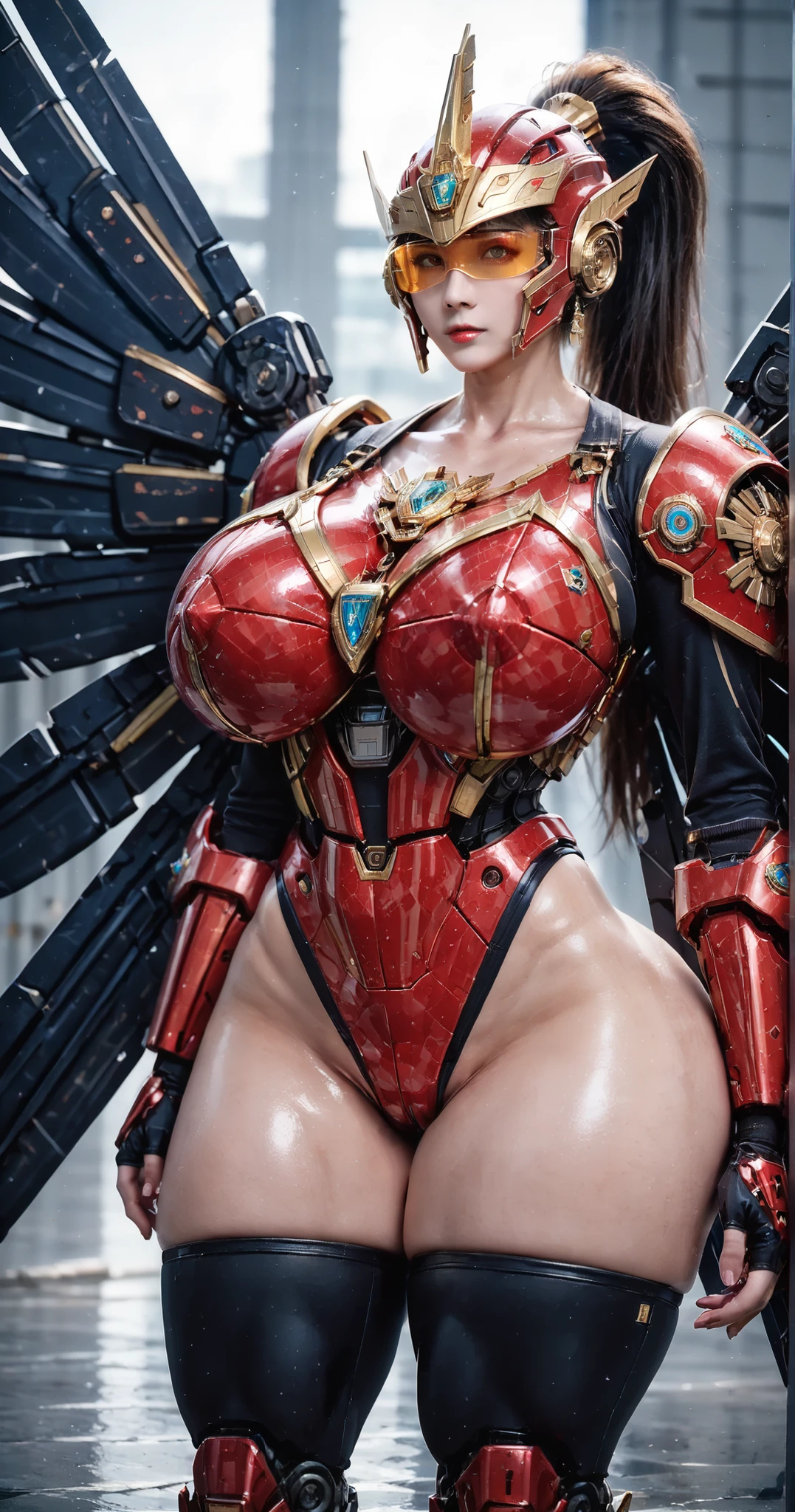 woman, Huge tits, red hero uniform, wide hips and voluptuous, ultra-realistic (verism style),(puffy lips), photorealistic, background white
