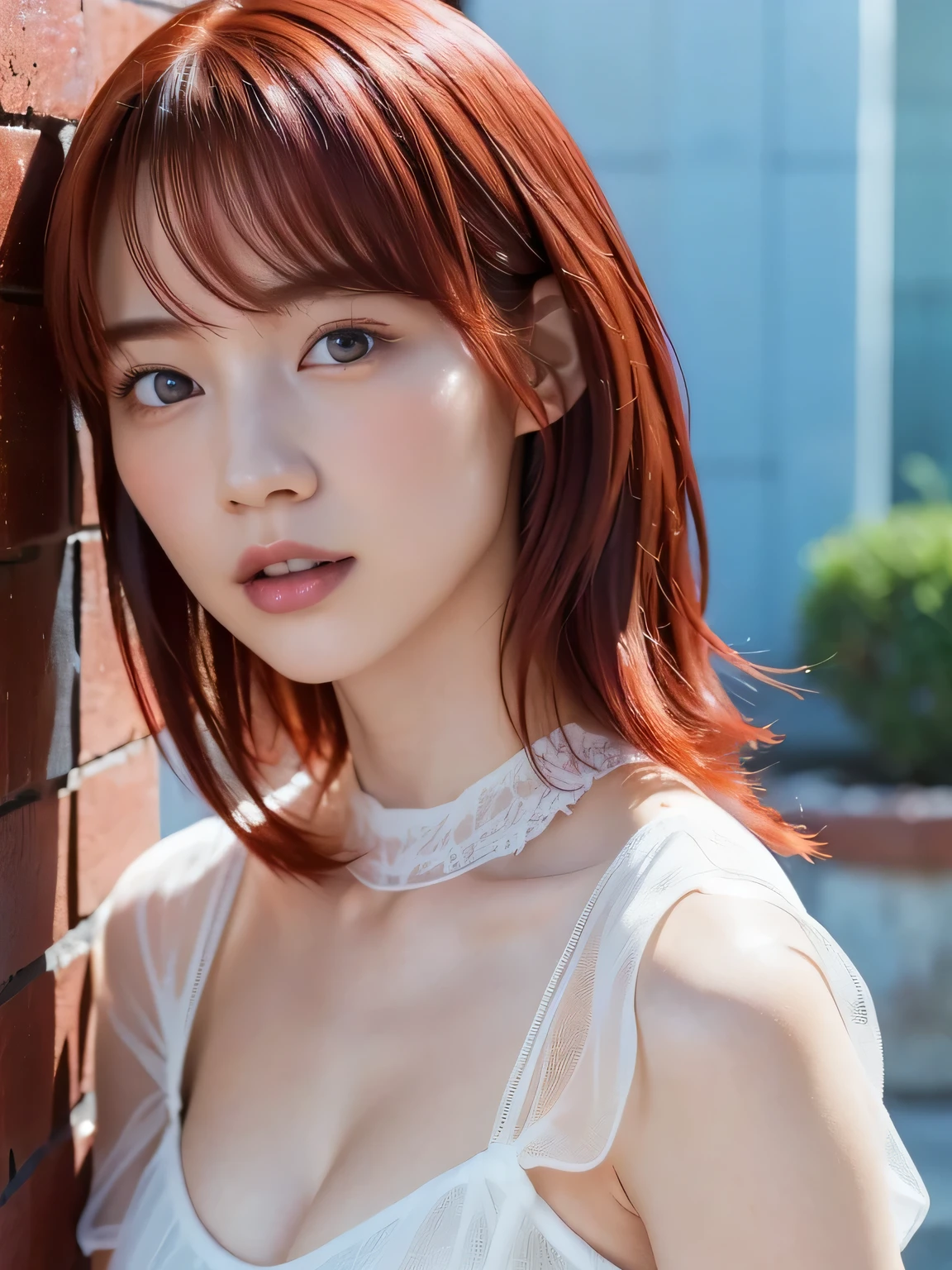 (high quality, 4k, 8k, High resolution, masterpiece:1.2)beautiful japanese girl, complex red hair, red hair, short cut hair, bob hair, asymmetrical bangs, big magical eyes, detailed beautiful eyes, thin eyebrows, smooth soft skin, pale pink lips, A fleeting expression, black tank top, black oversized hoodie, wearing a hood, Detailed and perfect clavicle, High resolutionの美しい胸元, beautiful legs, early morning street, professional lighting, professional photographer