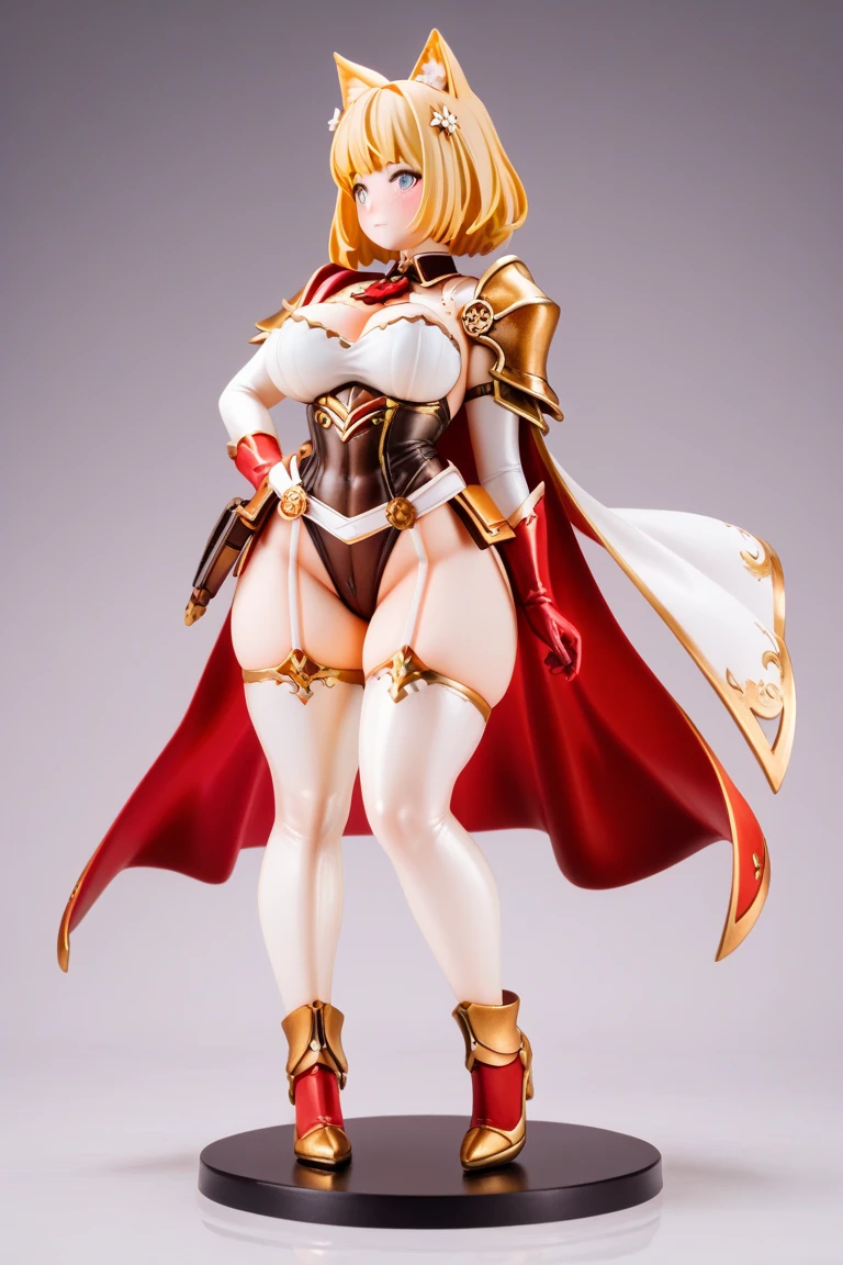 ((BLACK BACKGROUND 1:2, masterpiece)) 1solo female full body MILF BIMBO standing straight symmetrical with two long thighs and two metal sandals, red eyes like rubies, eye focus looking to the viewer, silver white hair, short bob style hair, big knockers breastplate, breastplate, cleavage, tiara royal, long cape up to two feet, yellow bikini (yellow tiger stripes), lustful smirking smiling, smile face (red blushed, red cheeks), pauldrons metal shoulders, gold sleeveless bracelets, separate sleeves, hands on waist hands OR hips, golden bracers, metal handcuffs, leather corset, red loincloth, black leather choker slave collar, shackles bracelets, slave red crest under navel, navel, big belt around waist OR hips, feet together, metal ankle, two long thighs and two metal sandals