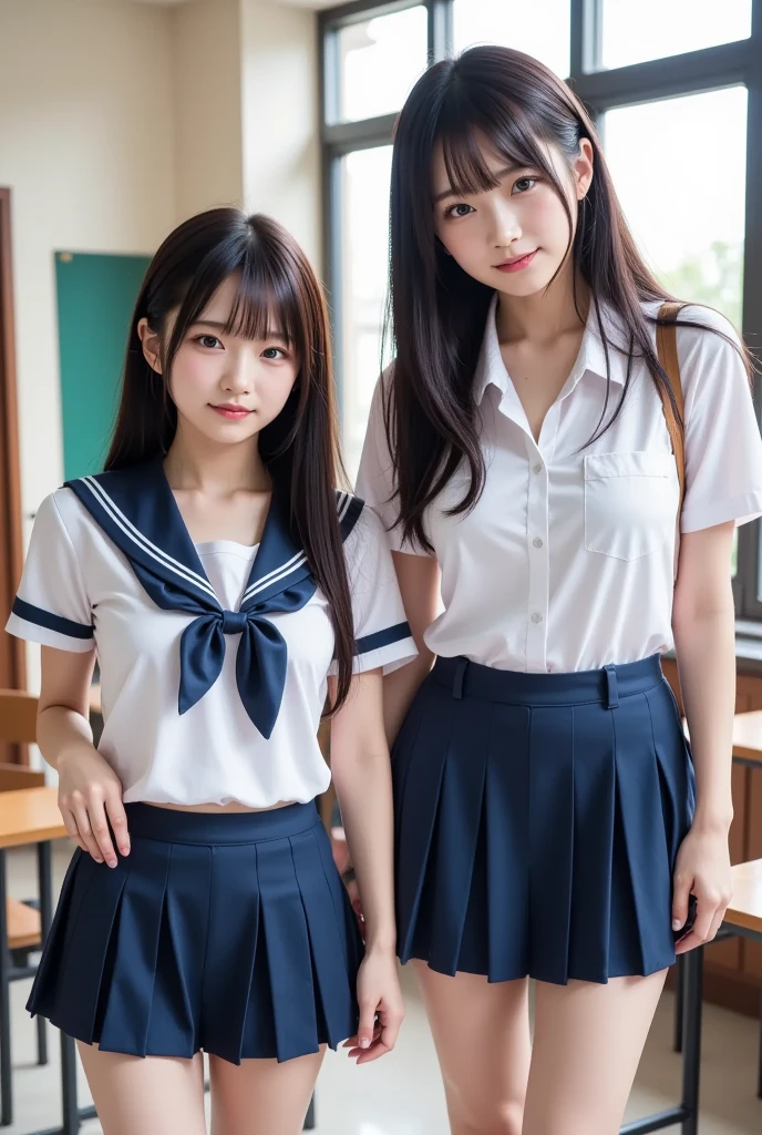 (masterpiece, highest quality:1.2), 8k, 12 year old girl, 85mm, official art, RAW photo, スーパースリムなスレンダーbeautiful girl,shy pose、 (紺の短いスカートをたくし上げると下Half bodyfull nude, I can see your crotch)、short sleeveの白シャツ、show me your ears、naked girl photoshoot、full nude, cute face, close, Half body, gardenia, beautiful girl, school uniform,  thighs, short sleeve, stand on the station platform, looking at the viewer, no makeup, (troubled face), film grain, chromatic aberration, sharp focus, face light, clear lighting, Ten generations, detailed face, background bokeh, (dark red tie:1.1)、((((((two girls))))))、((((((２人のfull nude女子高生)))))
