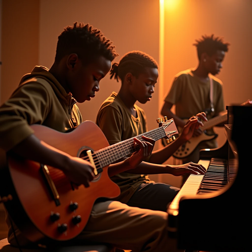 meninos africanos tocando piando e vocalista, Banda Musical Infantil Africana, guitarra de piano