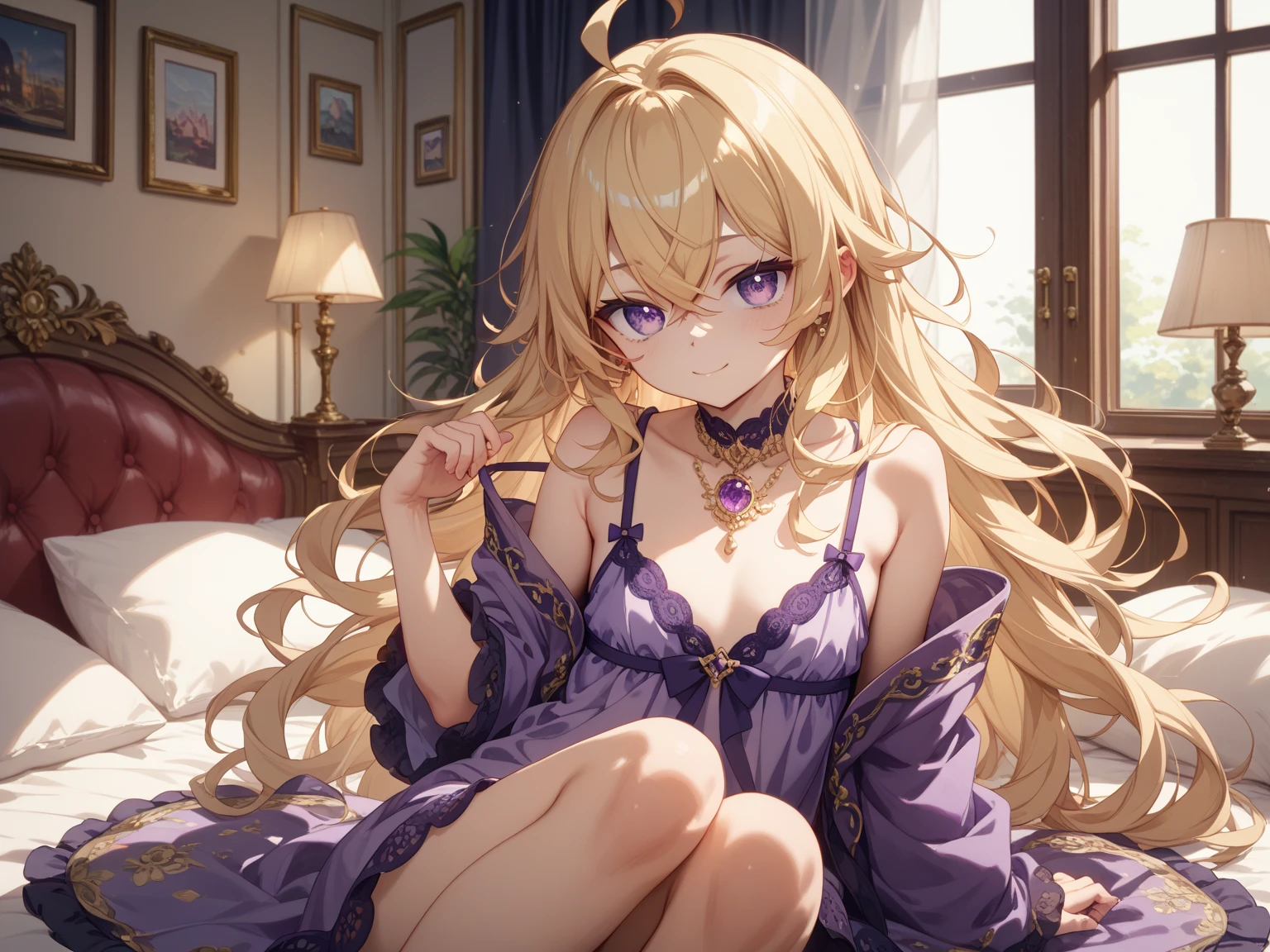 absurdres, high res, ultrasharp, 8K, {masterpiece}, expressive eyes, best quality, perfect face, 1 girl, solo, honami ichinose, long hair, blonde hair, (purple eyes:1.1), hair between eyes, bedroom, lingerie, sitting,