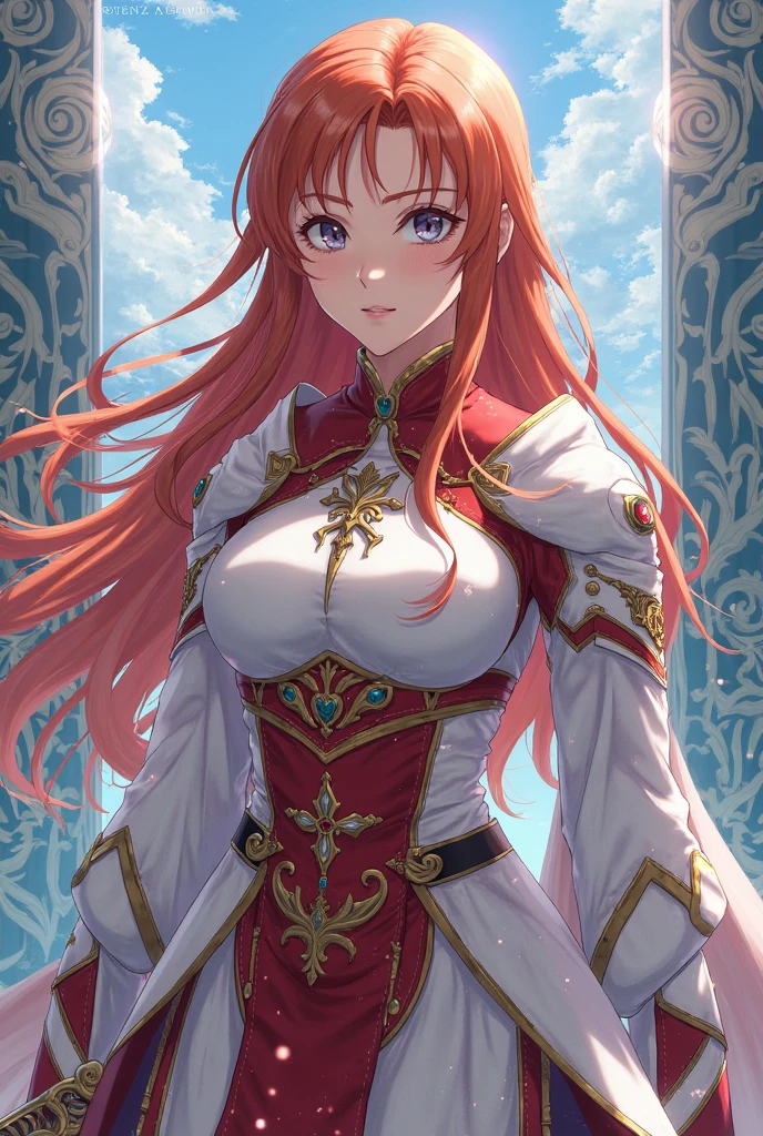 solo female knight, mansion, cape, long straight red hair, short, , , nervous, blue eyes, close up, princess, worn armor, sheathed sword