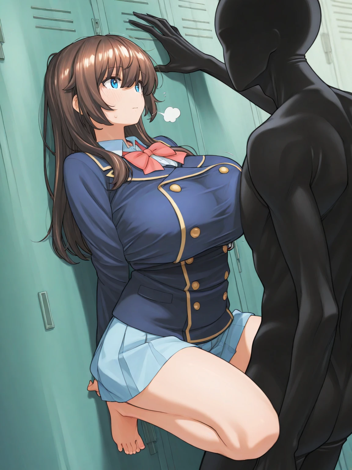 extremely detailed CG,unity 8k wallpaper,beautiful detailed eyes,perfect anatomy,novel illustration,high resolution,ultra-detailed,masterpiece,super detailed skin,score_9, score_8_up, score_7_up, source_anime,height difference,{{{hug}}},1boy is faceless male, 1 girl, {{height difference}},tcbnarisu_AA,tachibana arisu, brown hair, brown eyes, long hair, bangs , blue dress,hair bow,flat chest,{{muscular_girl}},gleaming skin,blond hair, full body Shot, zofa belt, chest jewel, forehead mark, black gloves, black boots,zofa bodysuit,latex mask,kissing his face,ahegao, {{bald faceless male}},hetero,face to face,face to face ,intercourse with a man,vaginal penis,cum,bedroom