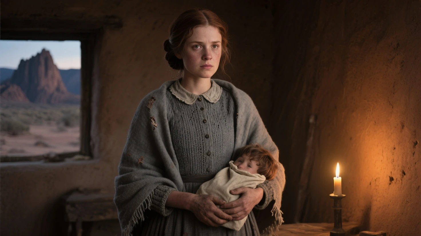 England, 1337. A young ((((19-year-old)) Gwenda)), strong, rustic, freckles all over her face, holding a newborn baby, ((tired expression)). ((((clothings from the 1300s)))), ((blond hairstyle of the 1300s))