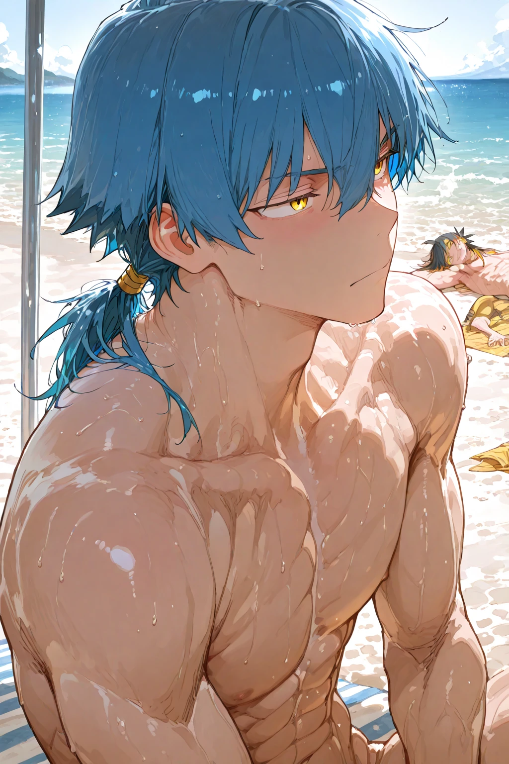 absurdres, highres, ultra detailed, HDR, master piece, best quality, extremely detailed, Seragaki Aoba, blue hair, expressive yellow eyes, Dramatical Murder, solo, sexy man, handsome, manly man, sensual, horny, bare chest, without shirt, sea, beach, island, summer