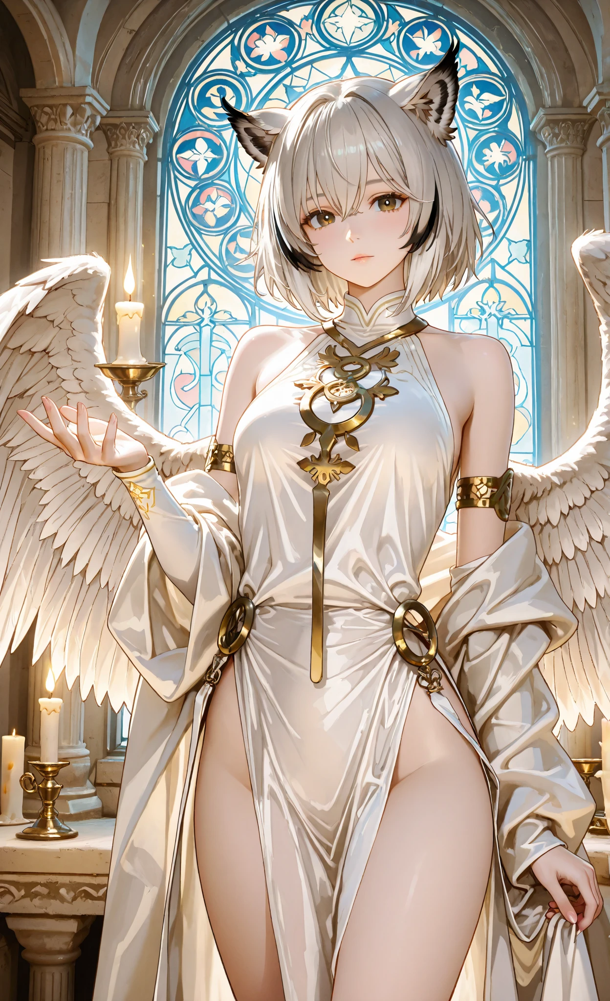  ((best quality)), ((masterpiece)), (detailed), a heavenly female knight, imposing, biblical, NSFW, long white grey hair, grey white eyes, very skinny, detailed, best quality, prominent collarbones, skinny arms, flat stomach, visible hip bones, small breasts, full body, red and white clothing, occult aesthetic, occult, detailed and intricate steampunk and detailed gothic, NSFW, Fluttering lace flared long knee length dress with frilly petticoats, knee length dress, pleated petticoats, petticoats gothic, complex lace boots, gothic aesthetic, wielding a mighty sword with mechanical components, mandalas, small breasts, a fairy, various different types of insect wings, bug wings, beetle wings, NSFW, full body, whole body, body, chains, 