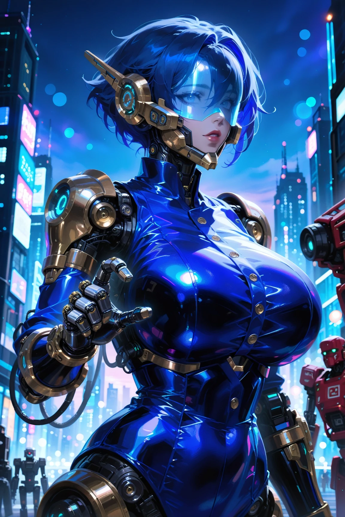 best quality,4k,8k, highres, masterpiece:1.2), extremely detailed eyes, extremely detailed body, (large masterpiece digital art), (detailed manga illustration), (detailed line art), ((perfect anatomy)), (intricate details:1.3), (ultra-detailed:1.3), (illustration:1.3), (sharp focus:1.3), (natural lighting:1.05), (vivid colors:1.3), (masterpiece), (best quality:1.4), (perfect anatomy:1.4), high quality, expressive eyes, full body, tall girl, detailed face, beautiful face, perfect face, breasts, gloves, large breasts, cyberpunk, (black armor), mystic red armor, short hair, ((pale skin)), messy hair, detailed ((dark blue hair)), (honeydew hair), multicolored hair, two-toned hair, detailed eyes, (amber eyes), hourglass physique, mecha musume, fortified suit, mechanical parts, headgear, robot joints, bodysuit, deva battle suit, gloves, thick thighs, toned, emblem, superhero, dynamic lighting, 4k resolution, dynamic pose, weapon, energy weapon portrait, Jeff Bridges, ((cartoon style)), Marvel Cinematic Universe style, (((alien city in the background))), soft bokeh of futuristic city, Atey Ghailan, Jeremy Mann, Greg Manchess, Antonio Moro, trend in ArtStation, trend in CGSociety, Intricate, High Detail, Sharp focus, dramatic and photorealistic painting art by Midjourney and Greg Rutkowski, bokeh in the background
