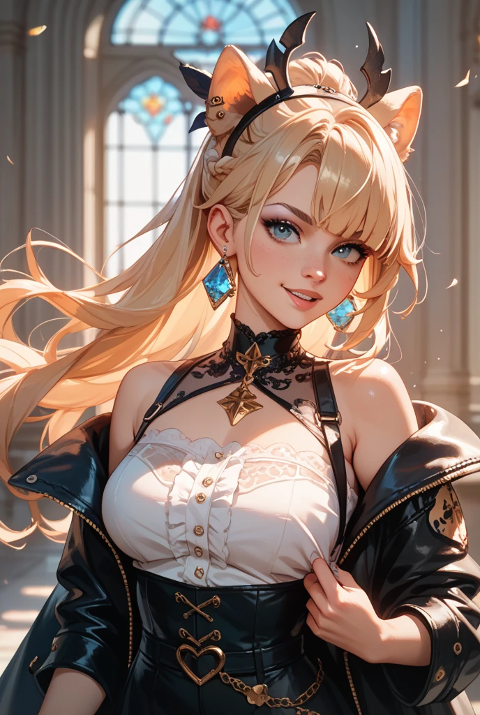 z23,, textured skin, 8k, beautiful detailed eyes, cinematic lighting, beautiful detailed face, ultra-detailed, world masterpiece theater, cinematic lighting,, 1girl, solo, blonde hair, purple eyes, hair bow, white shirt, beret, bare shoulders, gloves, iron cross, bike shorts, :d, armband, white gloves, cowboy shot,