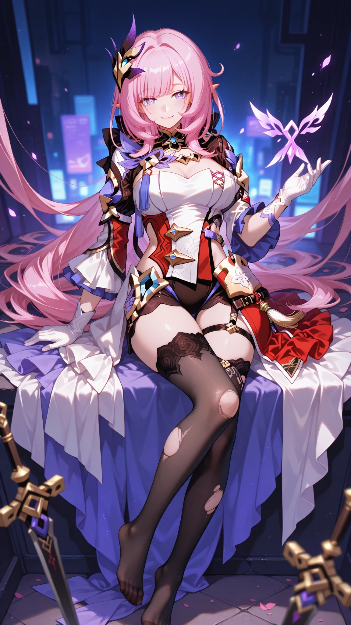 Sexy Yae Miko, hair between eyes, pink hair, red lips, black background, exposed, exposed panties, legs apart, side breasts exposed, lower body spray, chest bareness, chest exposed, scratches , vaginal opening ,