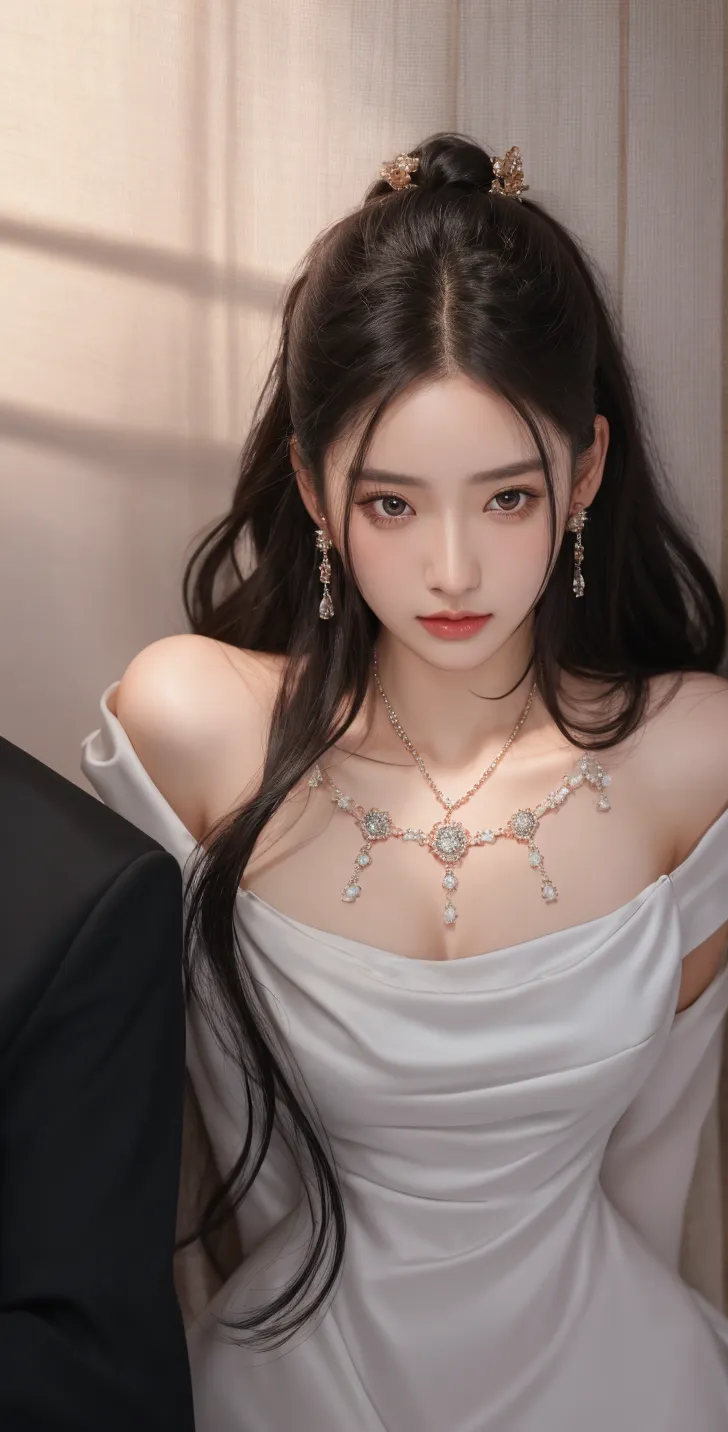 (Master Works, 8K Resolution, Perfect Depth of Field Panorama) + (Noble Woman, Goddess Queen, Arrogant and Confident) + (Perfect facial features, delicate face, single) + (Natural light, feather hair ornaments, bracelets, sapphire brooches, pearl bracelets, earrings, lace trim, open shoulders) + (Workplace uniform)