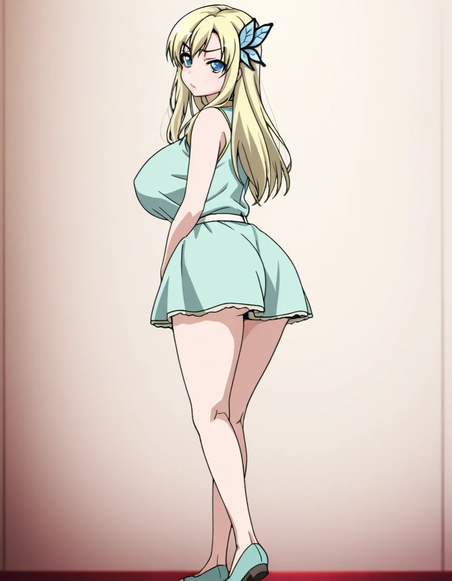 pacifica, massive breasts, cleavage, blonde hair, standing straight, clothes, blue eyes, perfect legs