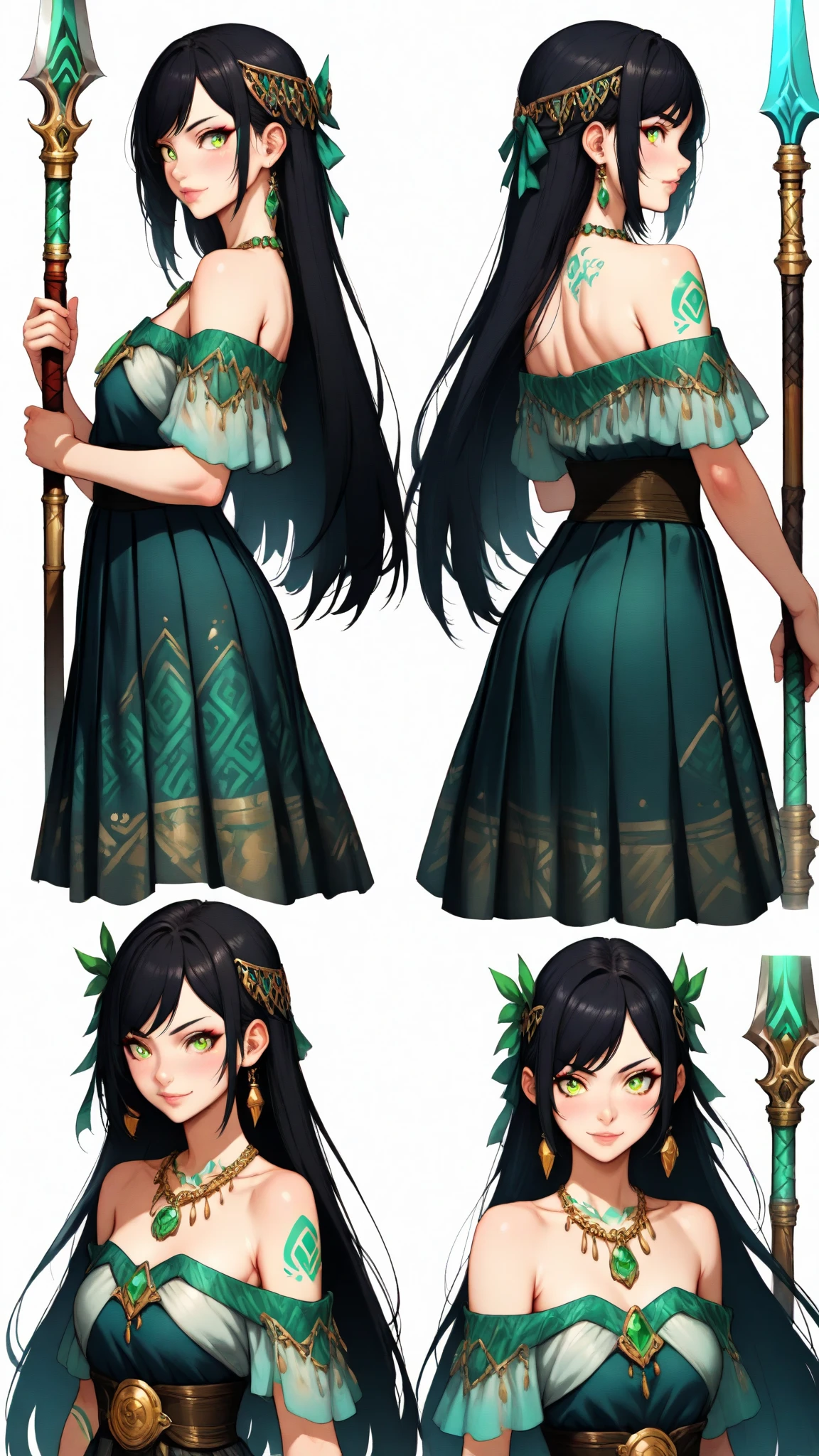 Black woman with black features, medium hair with green locks, vibrant red eyes, medium hair, RPG style, anime, mystical clothes a little baggy, centered squeeze looking forward