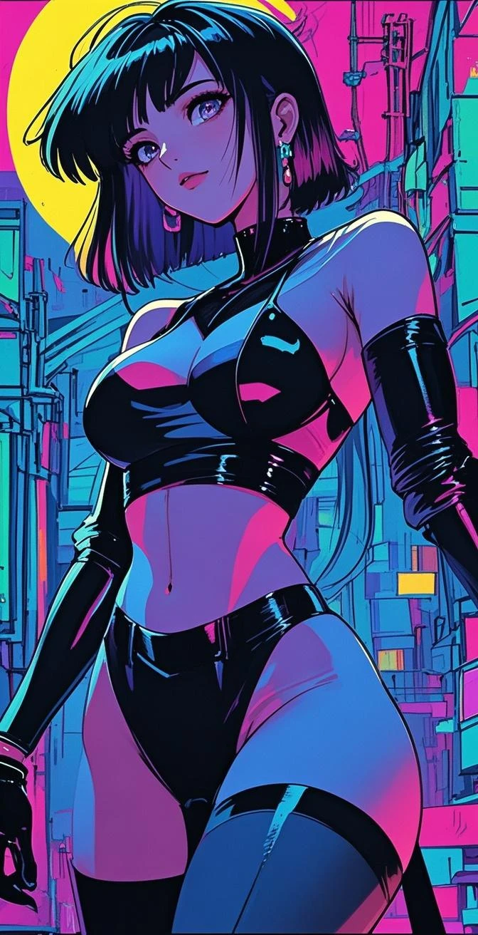 score_9, source_cartoon,  A futuristic pinup girl with glowing neon tattoos, dressed in a sleek, metallic outfit, standing confidently against a soft, misty cityscape at dusk, her vibrant, electric colors blending seamlessly with the cool, muted tones of the background, evoking a striking contrast that feels both otherworldly and effortlessly captivating, futuristic pinup, neon tattoos, sleek metallic outfit, misty cityscape, vibrant colors, electric glow, dusk lighting, confident stance, soft background, unique contrast, otherworldly, eye-catching, <lora:detailed_hands:1> <lora:HandFineTuning TOOL:1> <lora:add-detail-xl:3>   <lora:DetailedEyes_V3:1> <lora:detailed_notrigger:1>   <lora:Pinup_Bombshells_Style:1>