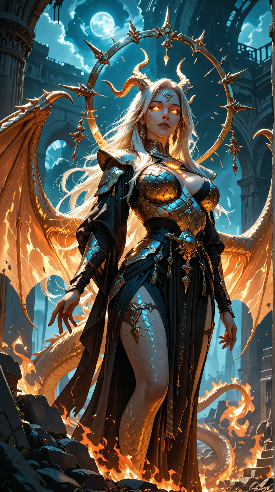 Fantasy sorceress, large breasts, wide hips, leg slit, open robe, cleavage, by boris vallejo