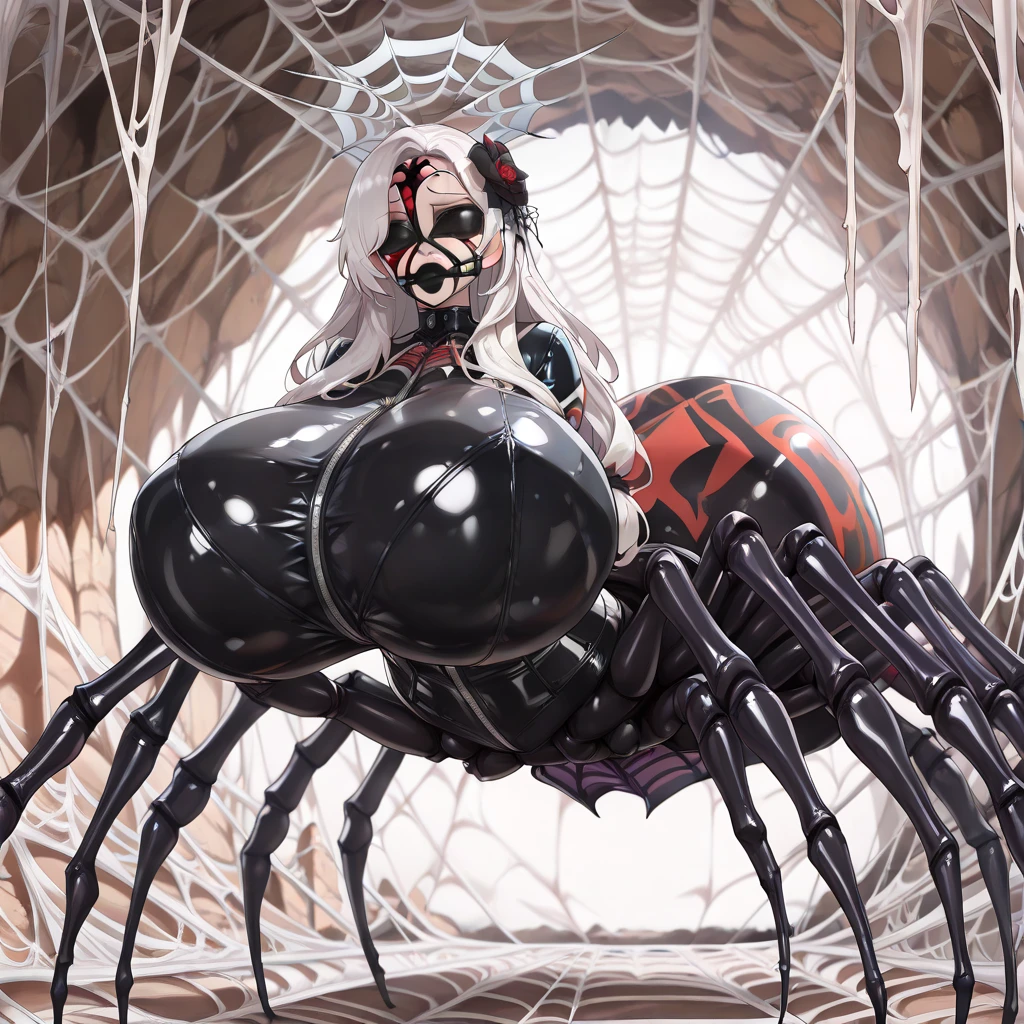 1girl,spider, insect, white hair, blood tears, dark circles under eyes, cursed,(blood covered, chains), scar covered, (high resolution, high detail, best quality), pain, scream, scream