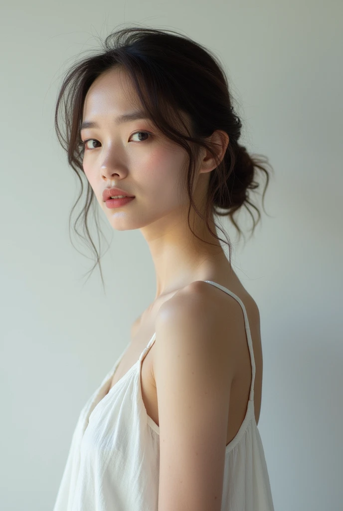 Highest quality、Photographed in natural light、Highly realistic photos、Detailed beautiful face、Japanese women、profile、One person、30-year-old female、Summer clothes、カジュアルなSummer clothes、Bun Hair、Don&#39;t look at the camera、indoor、In front of a white wall、Big Breasts