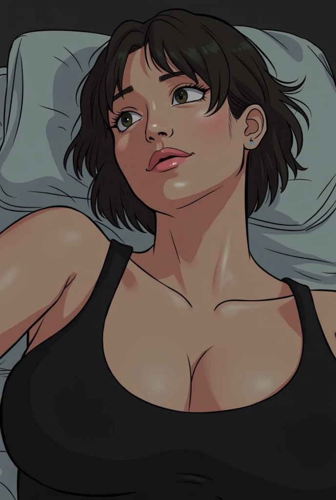 masterpiece, best quality, realistic, highly detailed, 1girl, solo, (body shot), different eyes color, short hair, black hair, glasses, large breast, ((T-shirt)), Lying in bed, Lips pierced, tatto on neck, beautiful girl, A tomboy face, Flat face without expression, bedroom background, detail eyes, detail hair, perfect lighting