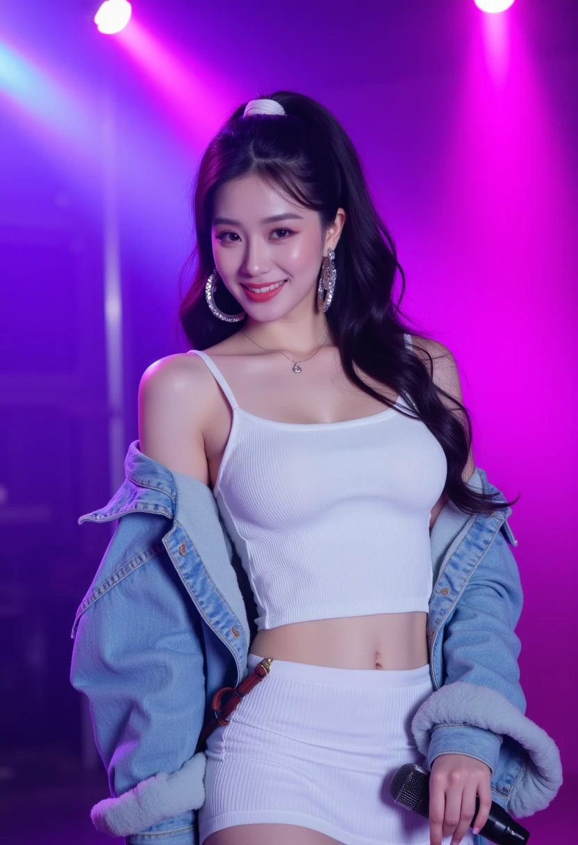 (best quality,4k,8k,highres,masterpiece:1.2),ultra-detailed,(realistic,photorealistic,photo-realistic:1.37),portraits,idol group center,intensely beautiful,young,women,idols,ideal proportions,long hair,idol costumes,crowded concert stage,(dynamic dance),smiling,(sweat),navel,(anatomically correct fingers:1.4),elaborate stage set,enthusiastic fans