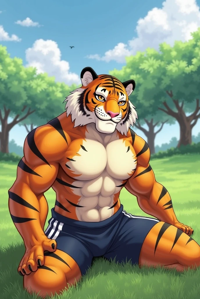 Beastars,Bill,tiger,male,adult,alone,4K,best quality,Best quality,lie down,lying down,lean on trees,,looking at the audience,Show muscles,hairy body,Topless,No clothes on,bared chest, Hairy chest,furry tail,Slim figure,slim body,chest muscles,Pink nipples, Six-pack abs, biceps, 弯曲biceps, anatomically correct,Delicate fur,pride,soft shadow,majestic,High quality eyes,brown eyes,black pupils,Sharp eyes,Grandiose,Valiantary,Sports shorts,Smile confidently,Strong,mature,grassland,Blue sky and white clouds,