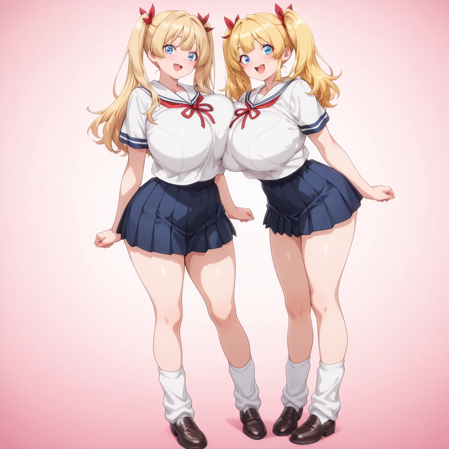 A pudgy, buxom teen of late adolescence with rosy cheeks, brown eyes, creamy blonde hair. She is in a white dress with a prominent bow on her waist. She has muscular, toned, realistic feet and legs. Her legs are thick, fat, curvaceous, fat, meaty, voluptuous, Rubenesque and plump. She is wearing black shoes. She is wearing a pink miniskirt.