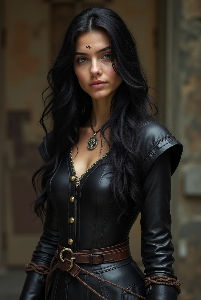 a 25 year old girl, curled hair, long and black, greeneyes, clear skin and diamond face, wearing a medieval black leather outfit with arrogant posture 