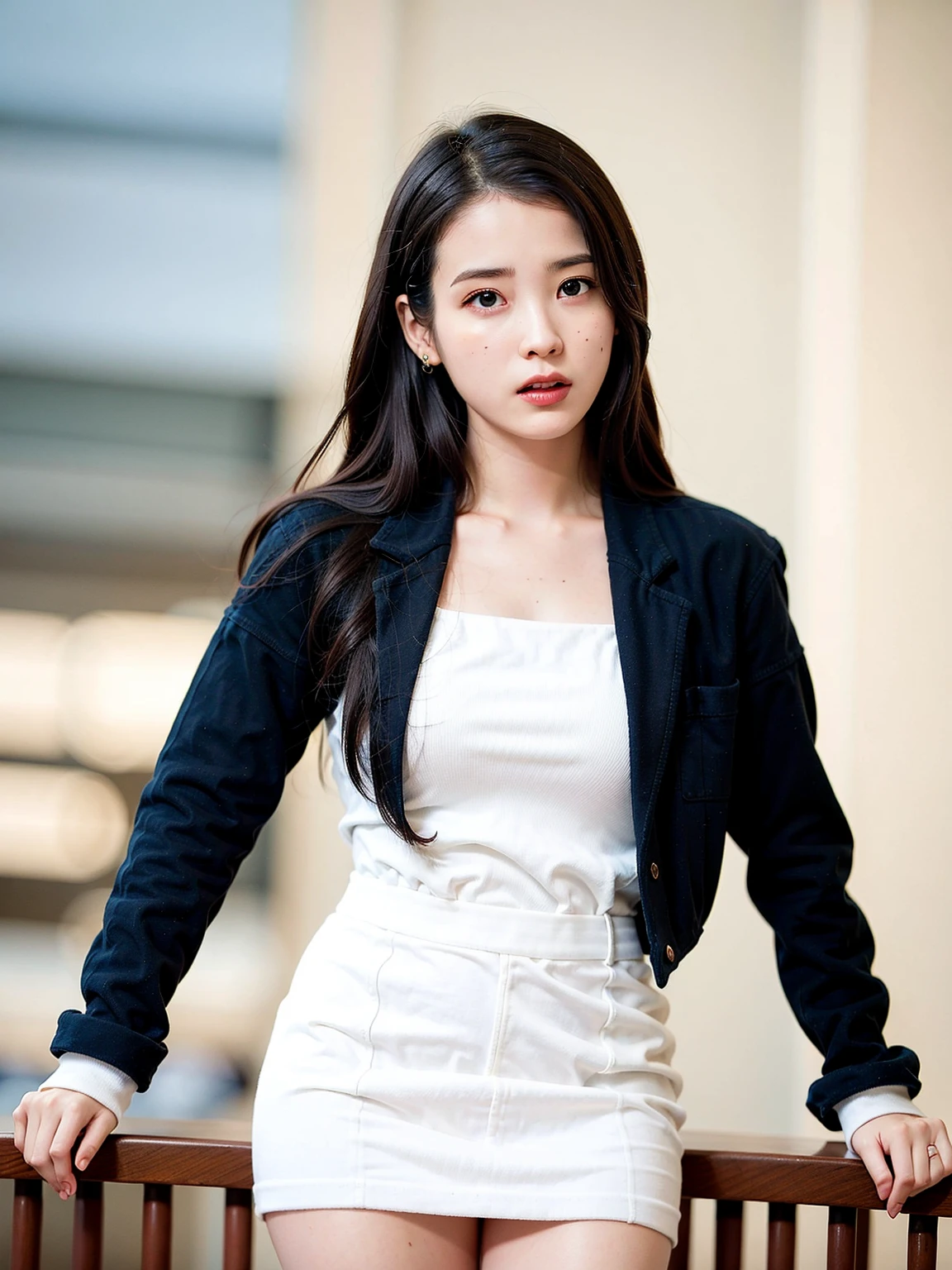 nikon RAW photo,8 k,Fujifilm XT3,photorealistic,realistic, solo, photorealistic, best quality, ultra high res, (skin spots:0.1) serious expression, , standing against a city skyline at night,business suits, short, wet and tight shirt,Suit skirt beautiful, masterpiece, best quality, extremely detailed face, perfect lighting, solo,1girl, sexy sight best quality, ultra high res, photorealistic, ultra detailed, masterpiece, best quality, iu1, big buttocks