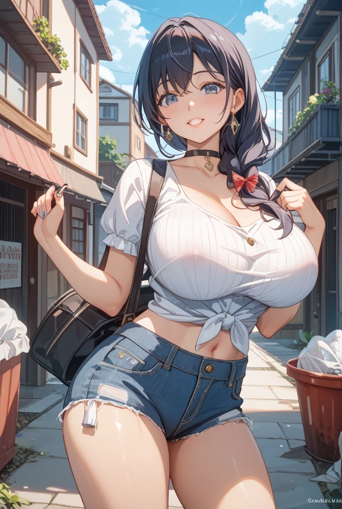 masterpiece, 4k, nsfw, a little chubby milf, very detailed face, slightly smile, wearing baseball cap, showing sagging breasts valley, glistning skin, wearing strapless white tank top, see through enlarged nipples, wearing short jean mini skirt, bare arms, thick thighs, wide pelvis, detailed pussy, at downtown street