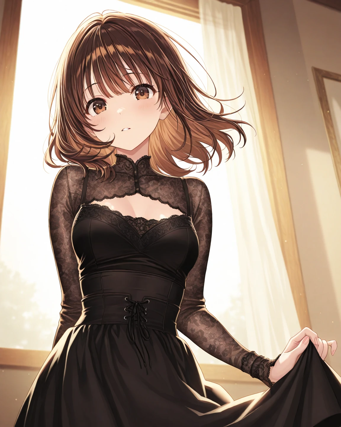 anime girl with brown hair black bodycon dress with long sleeves and a rectangular neckline with light tanned skin dark brown eyes and smiling